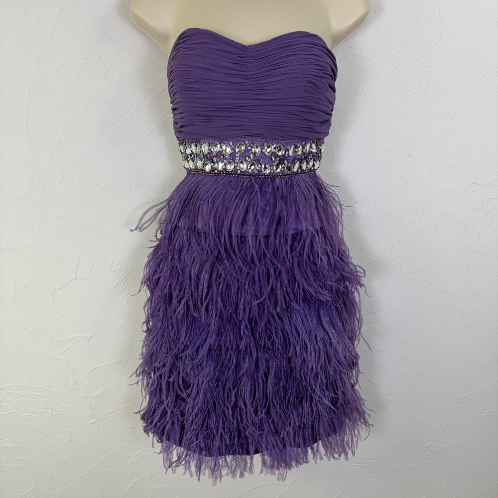 Vintage Sonia J Purple Ostrich Feather Dress Strapless Rhinestone Y2K Prom 5/6
